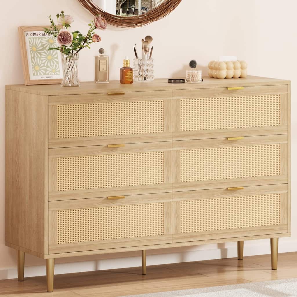 Natural Rattan 6-Drawer Dresser with Gold Legs & Handles, Wide Storage Chest for Bedroom or Living Room