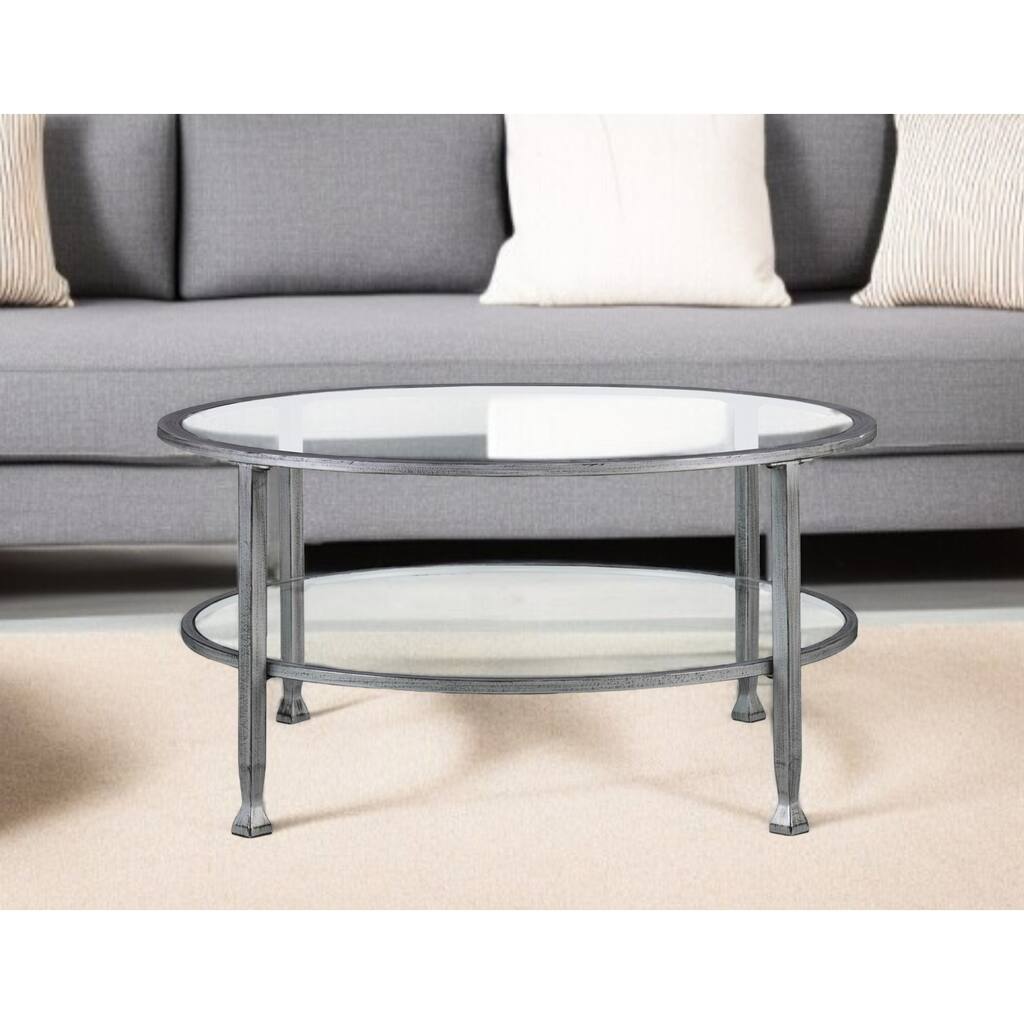 36" Silver Glass And Metal Round Coffee Table - 18" H x 36" W x 36" D