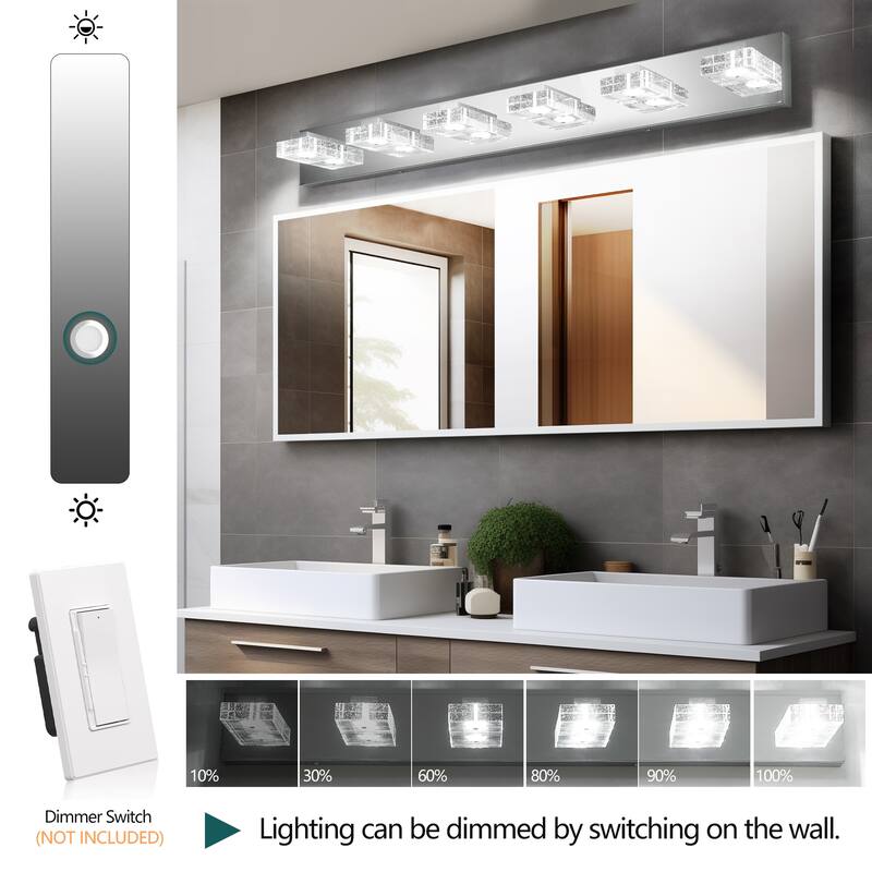 38" Modern Chrome 6-Light LED Vanity Light, Square Acrylic Lampshades Wall Mount Fixture for Bathroom, Mirror Lighting