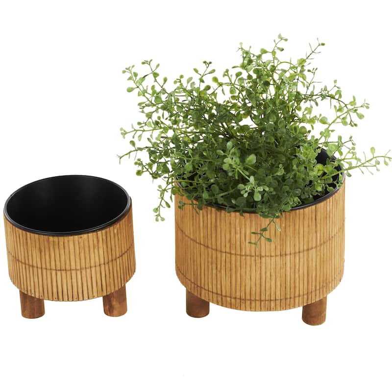 Bamboo Wood Handmade Indoor Planter with Black Metal Interior - Set of 2 Brown - Roche River Decor - Brown - 6", 5"H
