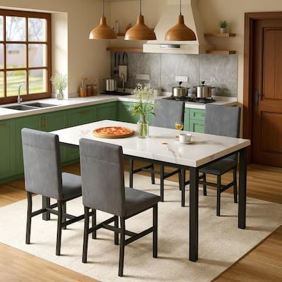 Grondin Modern Style Faux Marble Top 5-Piece Casual Dining Room Table Set with 4 Velvet Upholstered Dining Chairs