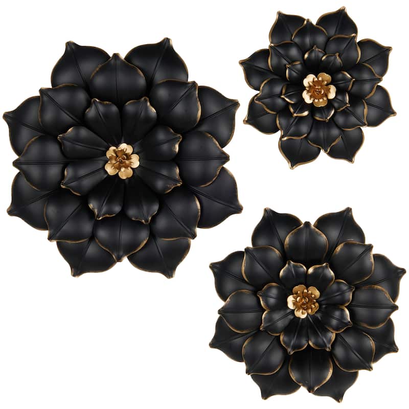 Metal Floral 3D Wall Decor with Gold Center - Set of 3 Black - Roche River Decor