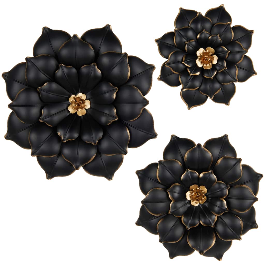 Metal Floral 3D Wall Decor with Gold Center - Set of 3 Black - Roche River Decor
