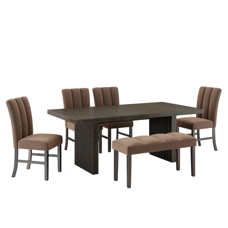 Roundhill Furniture Madison 6-Piece Dining Set, Slat-Fluted Dining Table with 4 Chairs and a Bench, Chocolate