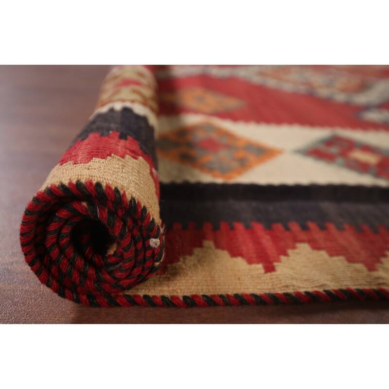 Kilim Qashqai Persian Vintage Rug Hand-Woven Red Wool Carpet - 5'4"x 8'3"