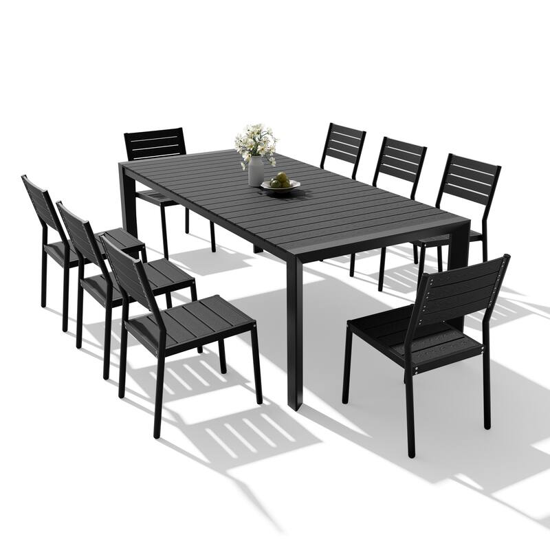 7/9-Piece Patio Outdoor Dining Set Stackable Chairs and Dining Table with Umbrella Hole - Black - Set of 9