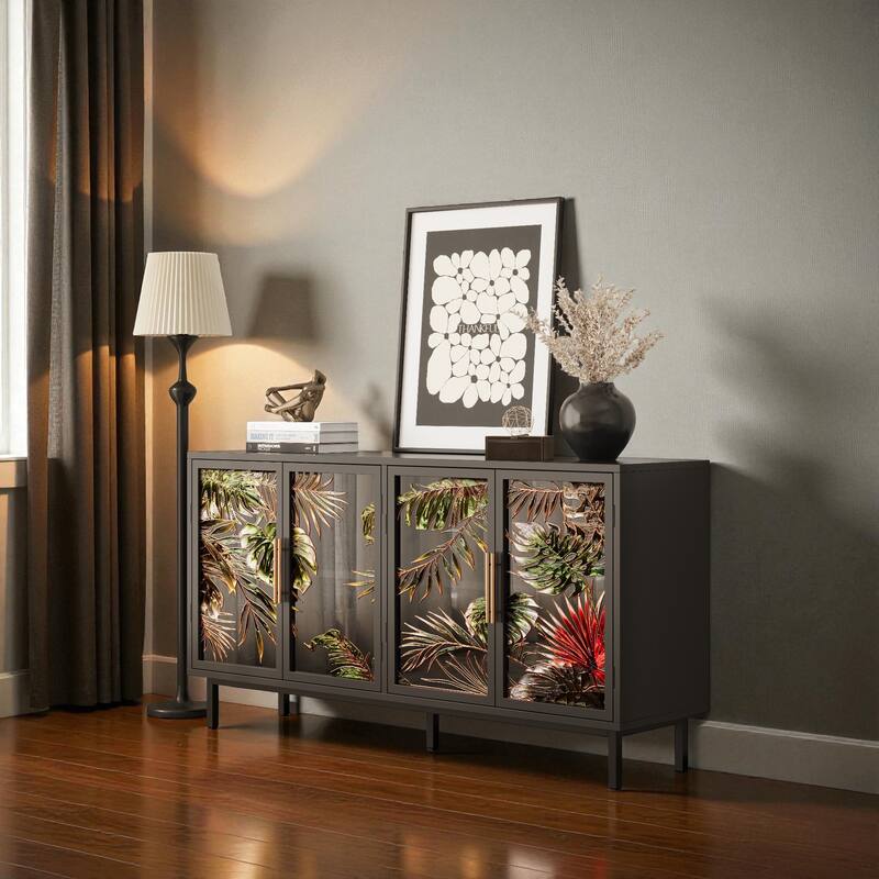60" Retro Glazed Glass Buffet Cabinet with 4 Doors, Artistic Storage Sideboard for Living Room or Dining Room