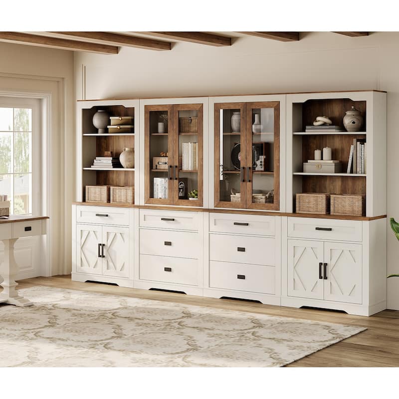 5 Tier Multi--Column Bookshelf Set with Open Storage and Glass Doors - 2 Glass Door&2 Open Shelf