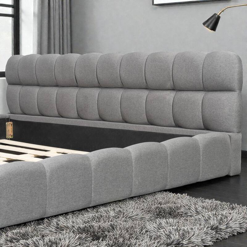 King Size Upholstered Platform Bed with Thick Linen Fabric, Low Profile Grounded Bed Frame, Solid Support