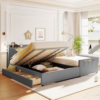 Mother & Child Platform Bed, Queen & Twin XL Upholstered Bed Frame w/ Hydraulic Storage System, Drawer Box, Sockets & USB Ports