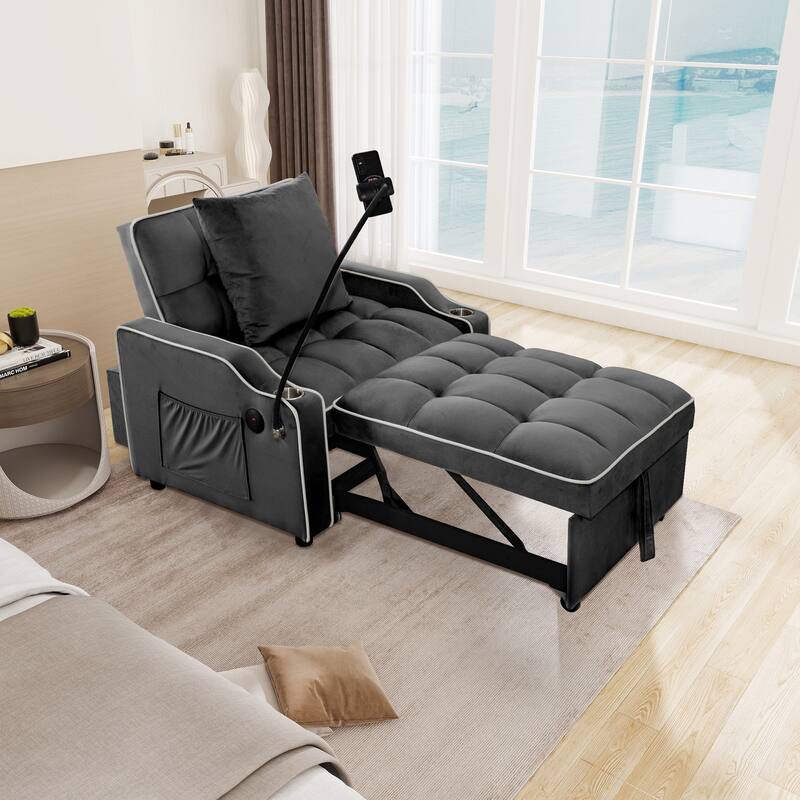 Convertible Single Chair Bed,3 in 1 Velvet Futon Sleeper Sofa Bed with Phone Holder & USB Ports,Pull Out Couch Bed