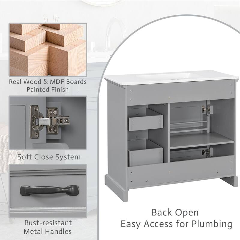 Roomfitters 36" Bathroom Vanity with Ceramic Sink, 2 Tip-out Drawers and Smart Storage Organizer