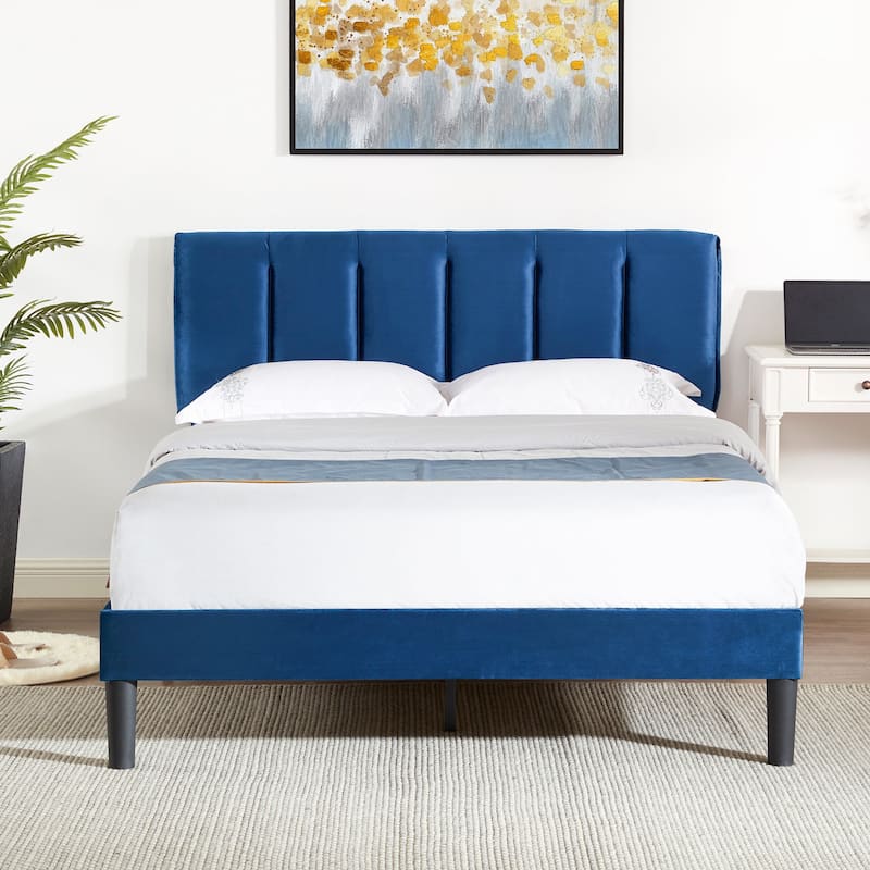 VECELO 3-Pieces Tufted Upholstered Platform Bed Frame with Adjustable Height Headboard and Nightstands Set of 2, Dark Blue