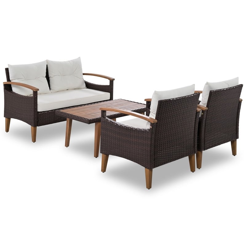 4-Piece PE Rattan Outdoor Sofa Set with Wood Table & Adjustable Legs