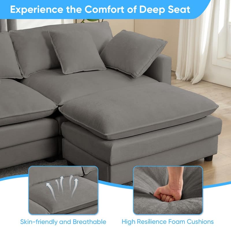 Mixoy 113''L-Shaped Modular Sectional Sofa,Modern Chenille 4-Seater Cloud Couch with Ottoman and Thickened Cushion