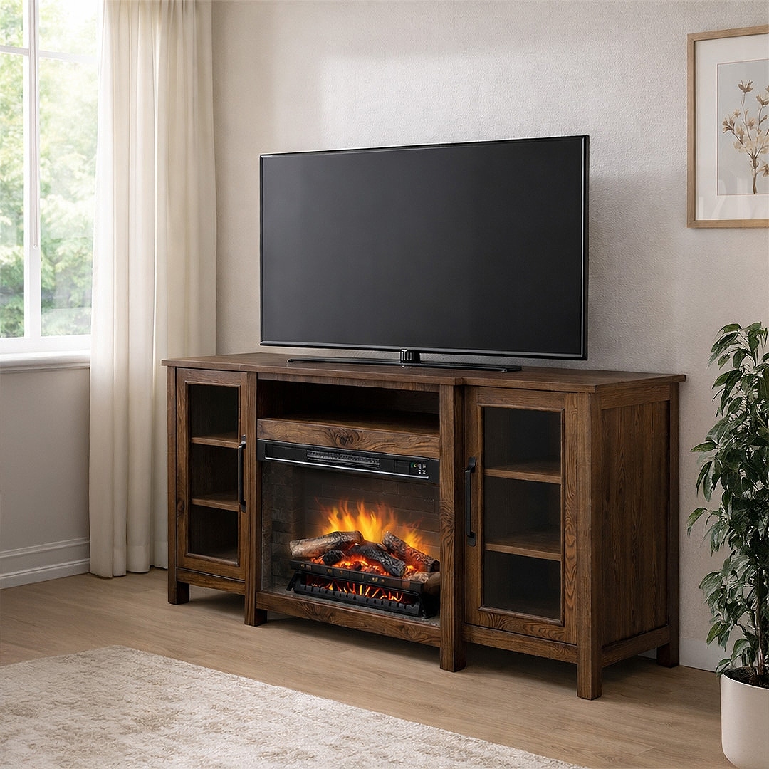 Linon Darcel Walnut Console with Electric Fireplace