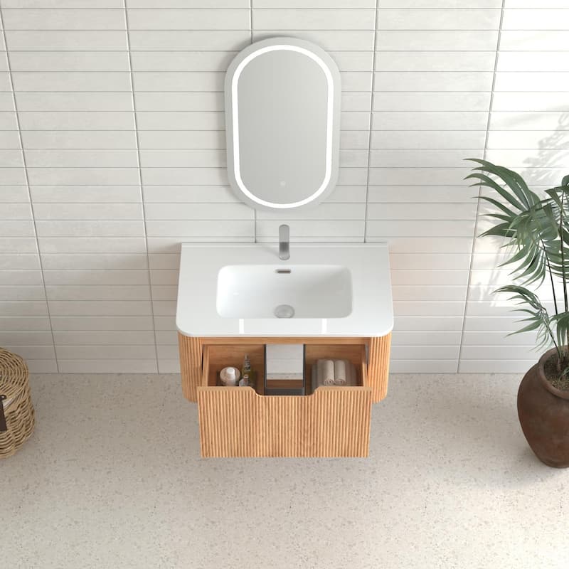 30" Wall-Mounted Floating Solid Wood Bathroom Vanity Pre-Assembled Curved Edge Storage Cabinet With Ceramic Basin