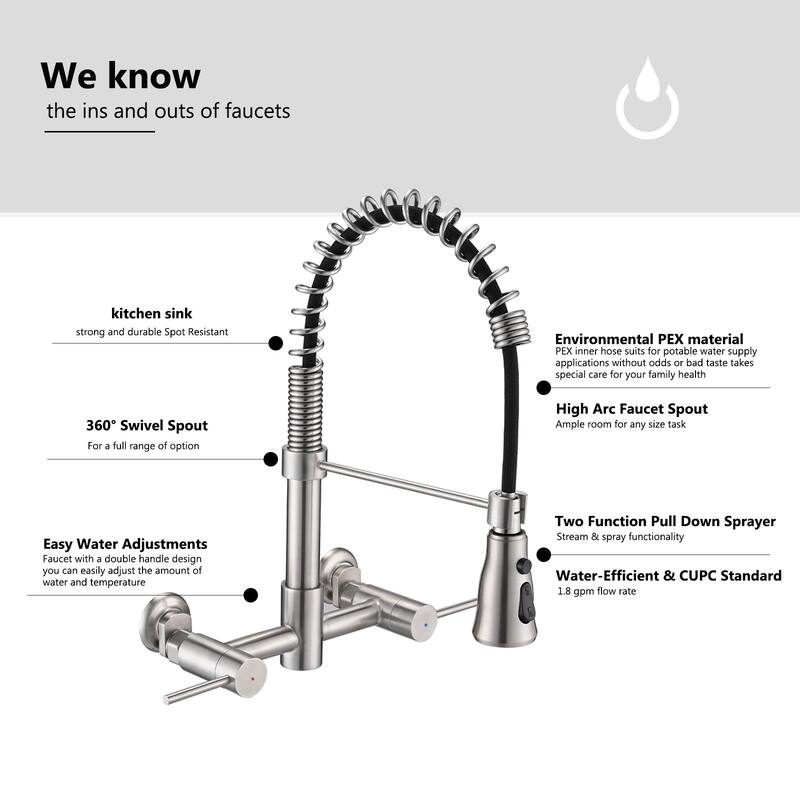 PROOX Double Handle Kitchen Faucet with Pull Out Sprayer Wall Mounted
