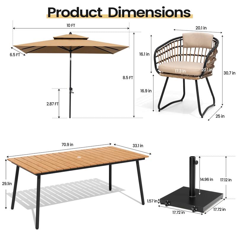 9PC Outdoor Patio Dining Set Wood-Like Aluminum Umbrella Hole Table with Rattan Chairs,Double Top Market Umbrella and Wheel Base