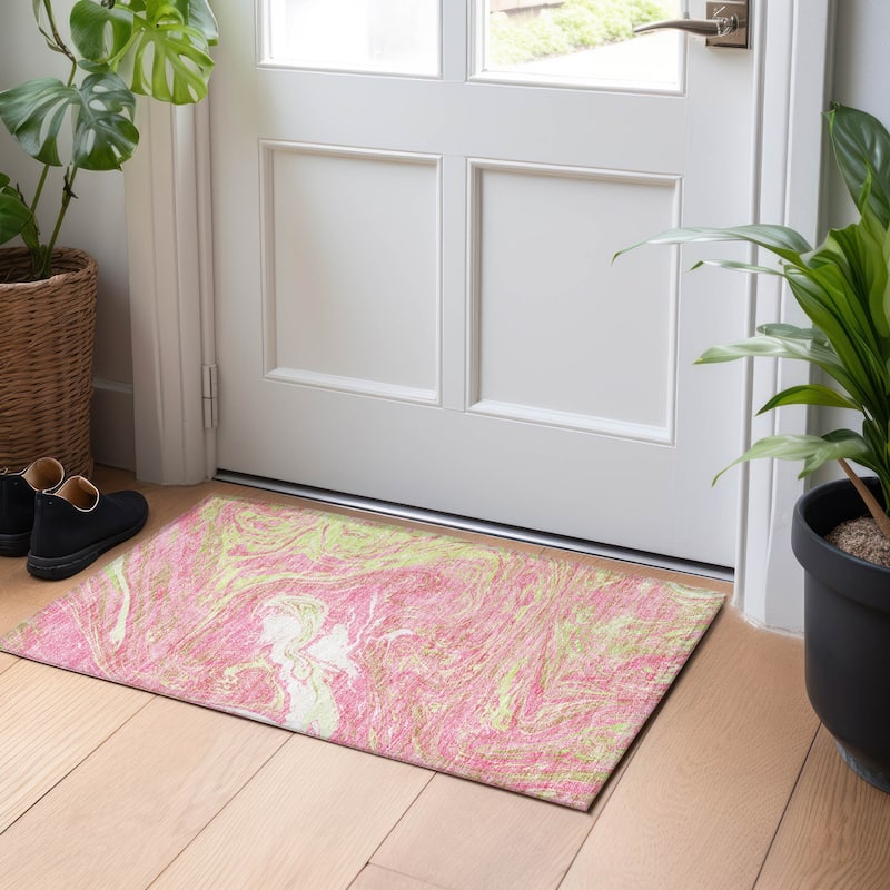 Machine Washable Indoor/ Outdoor Abstract Brushstroke Chantille Rug - Pink - 1'8" x 2'6"