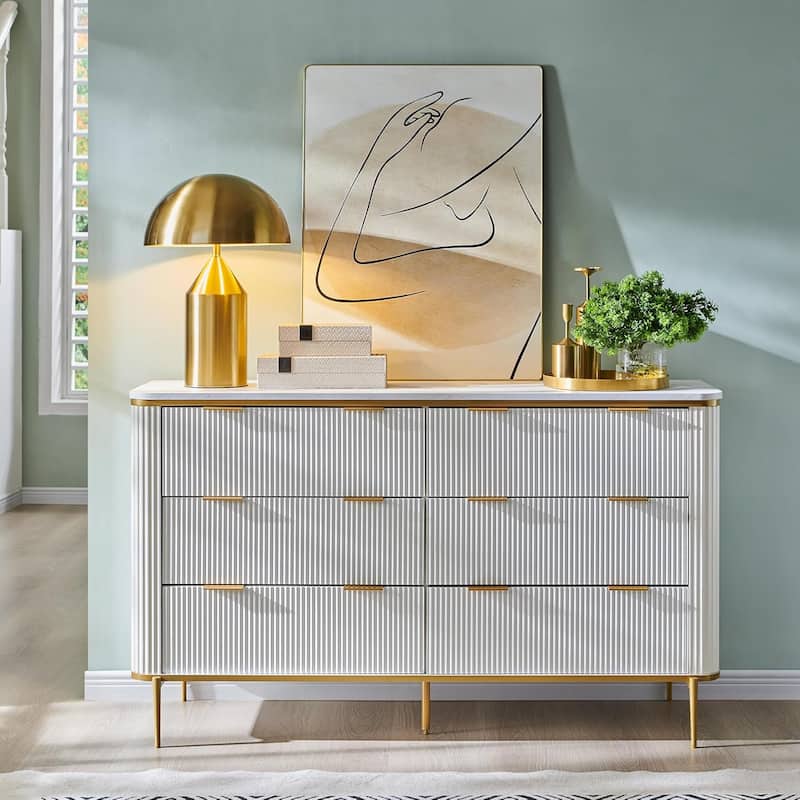 Modern Fluted 6 Drawers Dresser for Bedroom, 54" Dresser TV Stand