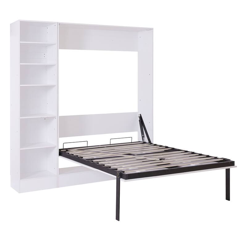 White Full Size Murphy Bed with Sofa and Built-in Shelves, Space-Saving Design