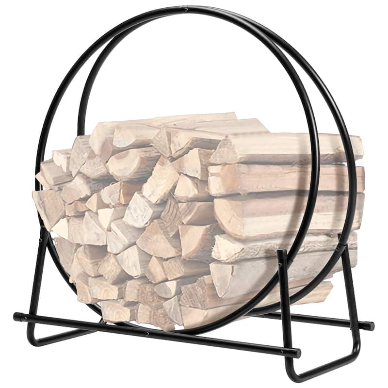 30" Black Freestanding Powder Coated Steel Firewood Rack with W-Base Support for Patio - 30" x 14" x 32.5" (L x W x H)