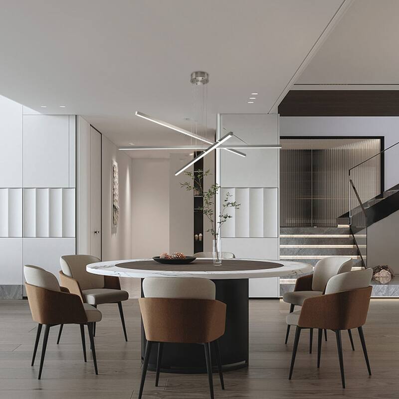 48-Inch Modern LED Chandelier ， Adjustable 3-Arm Geometric Design, Energy-Efficient & Sleek Metal Finish - Chrome