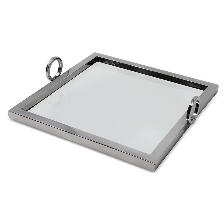 13.75"L Square Mirror Tray with Loop Handles - Silver