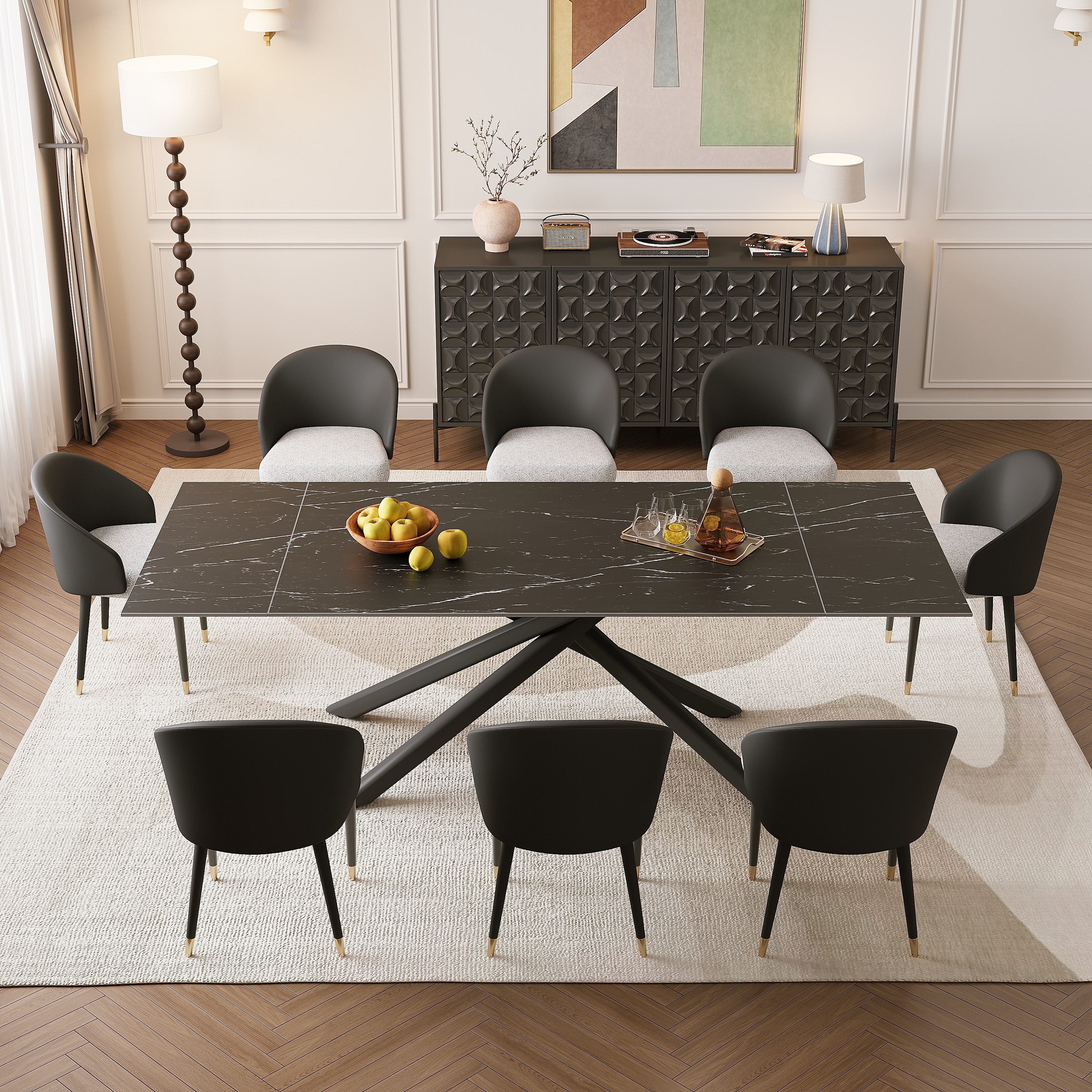 9 - Piece Extendable Rectangular Sintered Stone Cross Legs Dining Set With 8 Chairs For Home or Villa