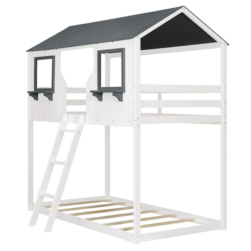 Kids House Bed Twin Over Twin Bunk Bed with Roof, Window and Shelves