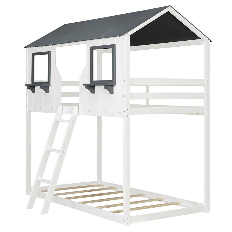 Roomfitters Twin Over Twin House Bunk Bed with Roof and Window, White