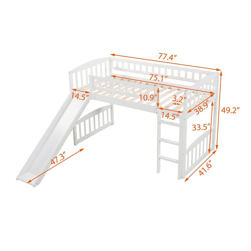 Solid Wood Twin Size Low Loft Bed for Kids/Teens with Slide and Ladder