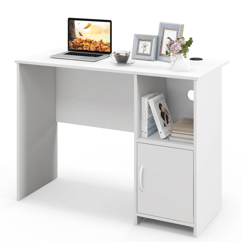 Costway Modern Computer Desk with Cabinet Cable Holes & Open Shelf