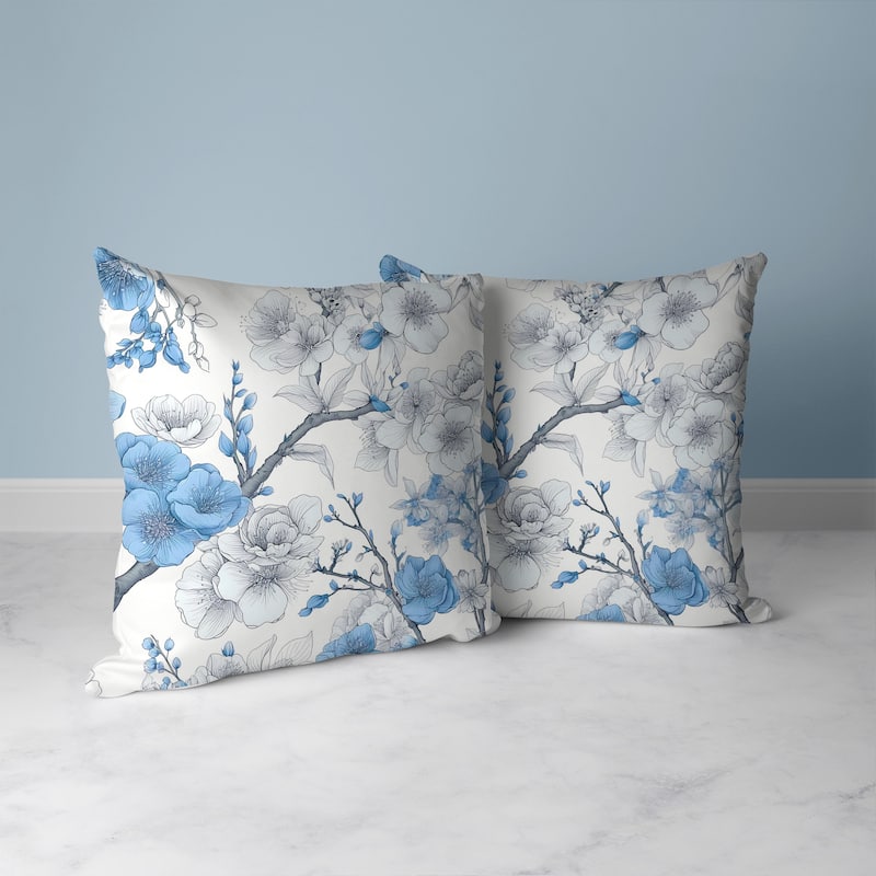 White And Blue Petal Poetry Indoor/Outdoor Throw Pillow Zipper