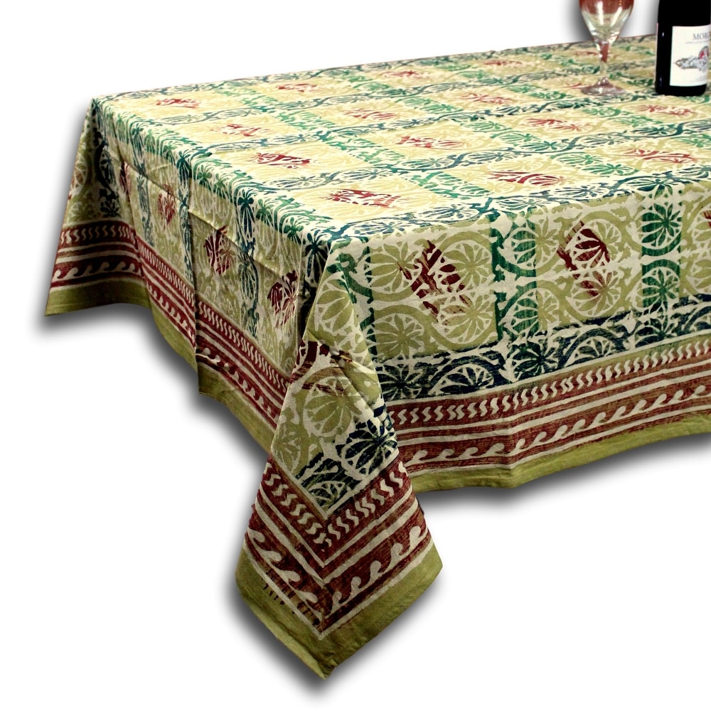 Floral Block Print Square Cotton tablecloth 60" x 60" Red 