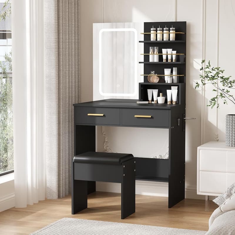 2 DrawersMakeup Vanity Desk Set with Mirror, Lights, Open Storage Shelves - Black