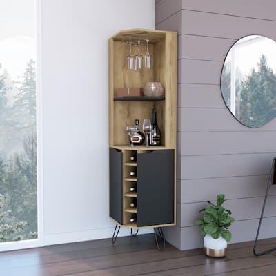 FM Furniture Grace Corner Bar Cabinet with 6 Wine Racks, 4 Shelves with Door, Cup Rack