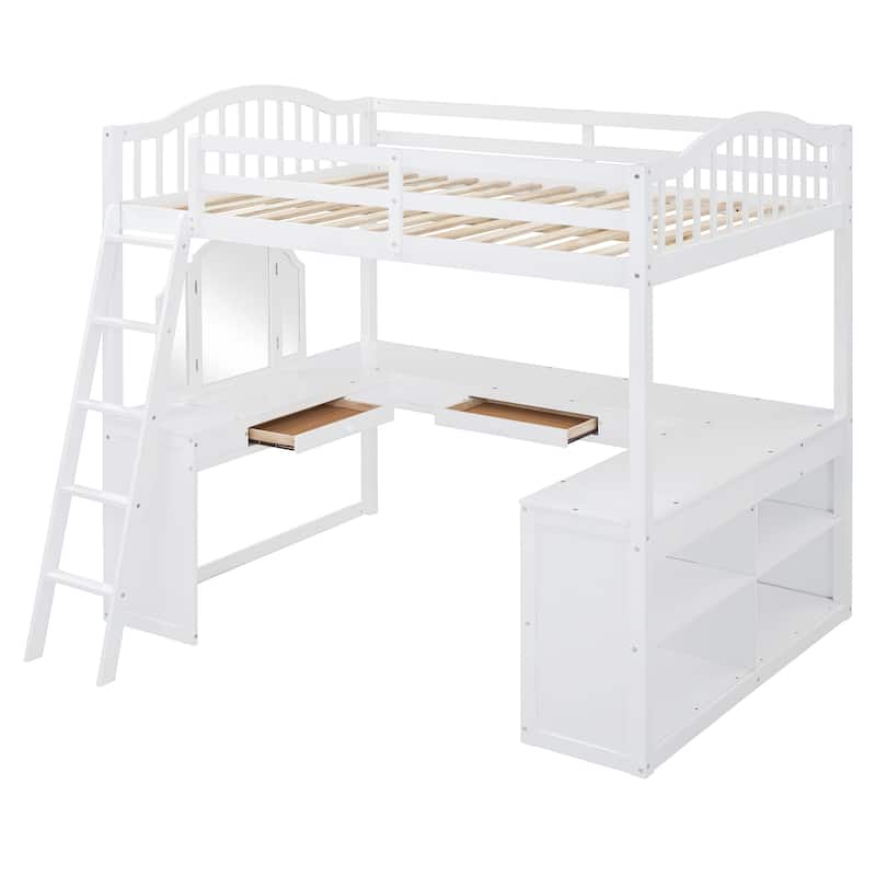 Full Loft Bed with U-Shaped Desk and Built-in Tri-Fold Mirror & Storage, 600lb Capacity