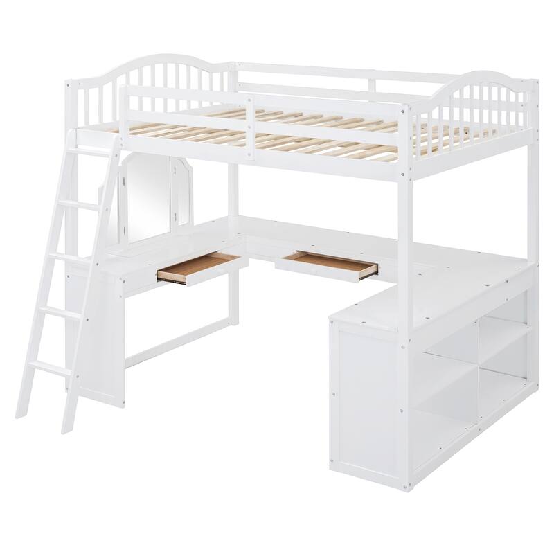 Full Wooden Loft Bed with U-shaped Desk,Storage Compartments and Tri-fold Mirror, White