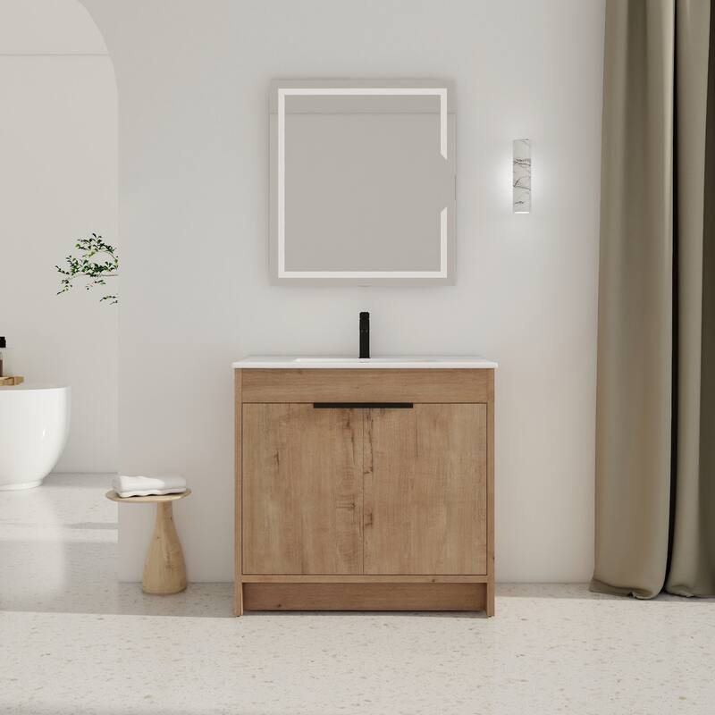 Bathroom Vanity with Ceramic Vessel Sink, Adjustable Shelves, Metal Handles, Soft-Closing Door Hinges - 35.9in L Plywood - Imitative Oak