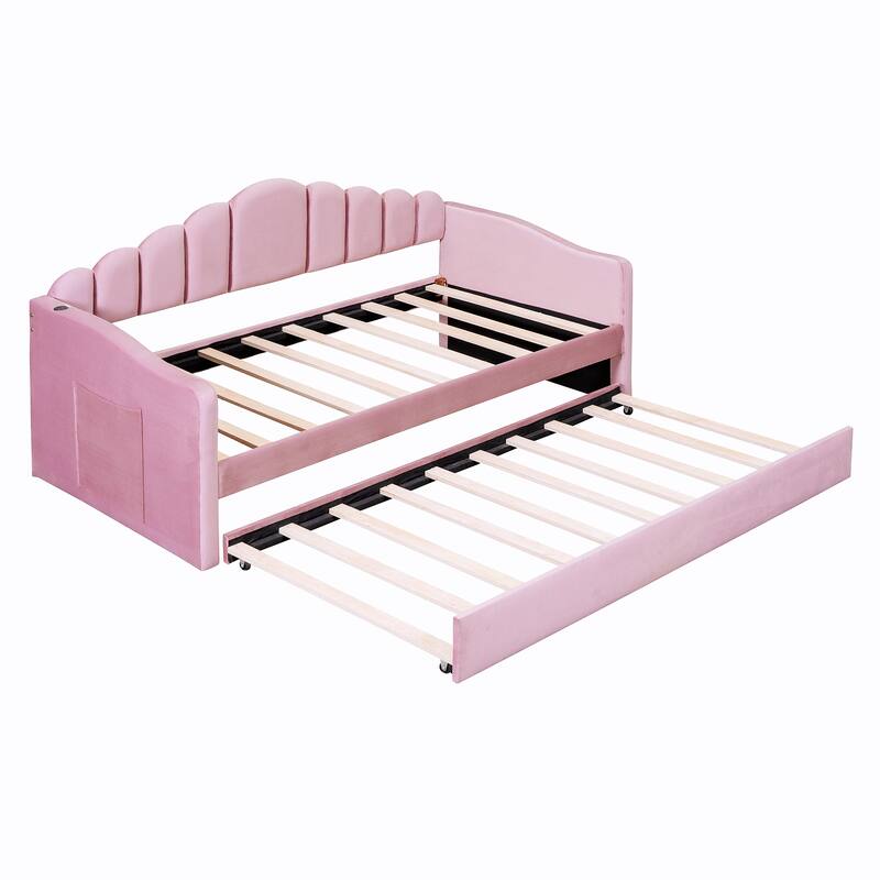 Roomfitters Twin Upholstered Daybed with Trundle, Velvet Sofa Bed with USB Charging Ports, No Box Spring, Pink