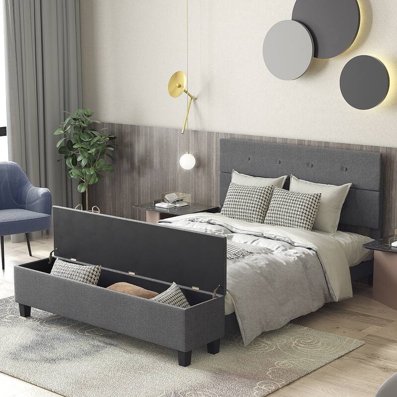 Costway Full Upholstered Bed Frame with Ottoman Storage Linen Button