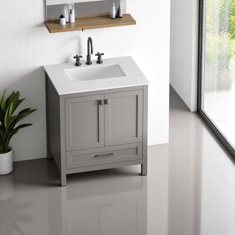 30" Freestanding Bathroom Vanity with Sink, Carrara Engineered Marble Top, Solid Wood Cabinet, Soft Close Doors
