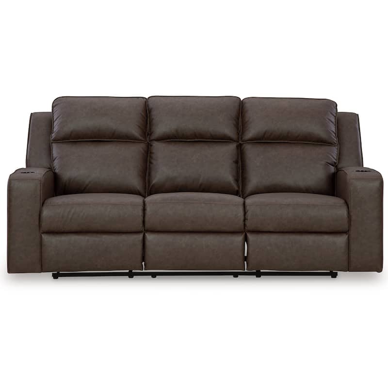 Livie Manual Recliner Sofa, USB, Table 87in Brown Gray Faux Leather
