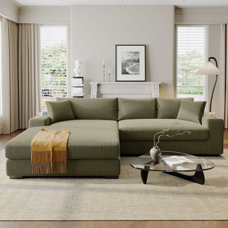 111.5" Corduroy Sectional Sofa Oversized 3 Seat L Shaped Sofa with 2 Built-in Cup Holders and Charging Ports