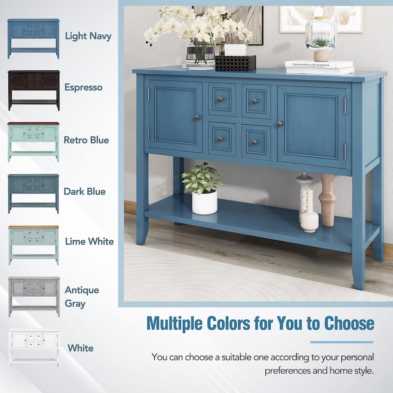 Vintage Ample Storage Console Table with 2 Large Cabinets 4 Small Drawers and Bottom Shelf