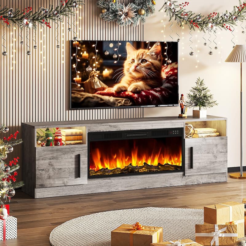 Bossin 70" Fireplace TV Stand with 36" Electric Fireplace, TV Stand for TVs Up to 80", 16 Colors LED Lights/Entertainment Center