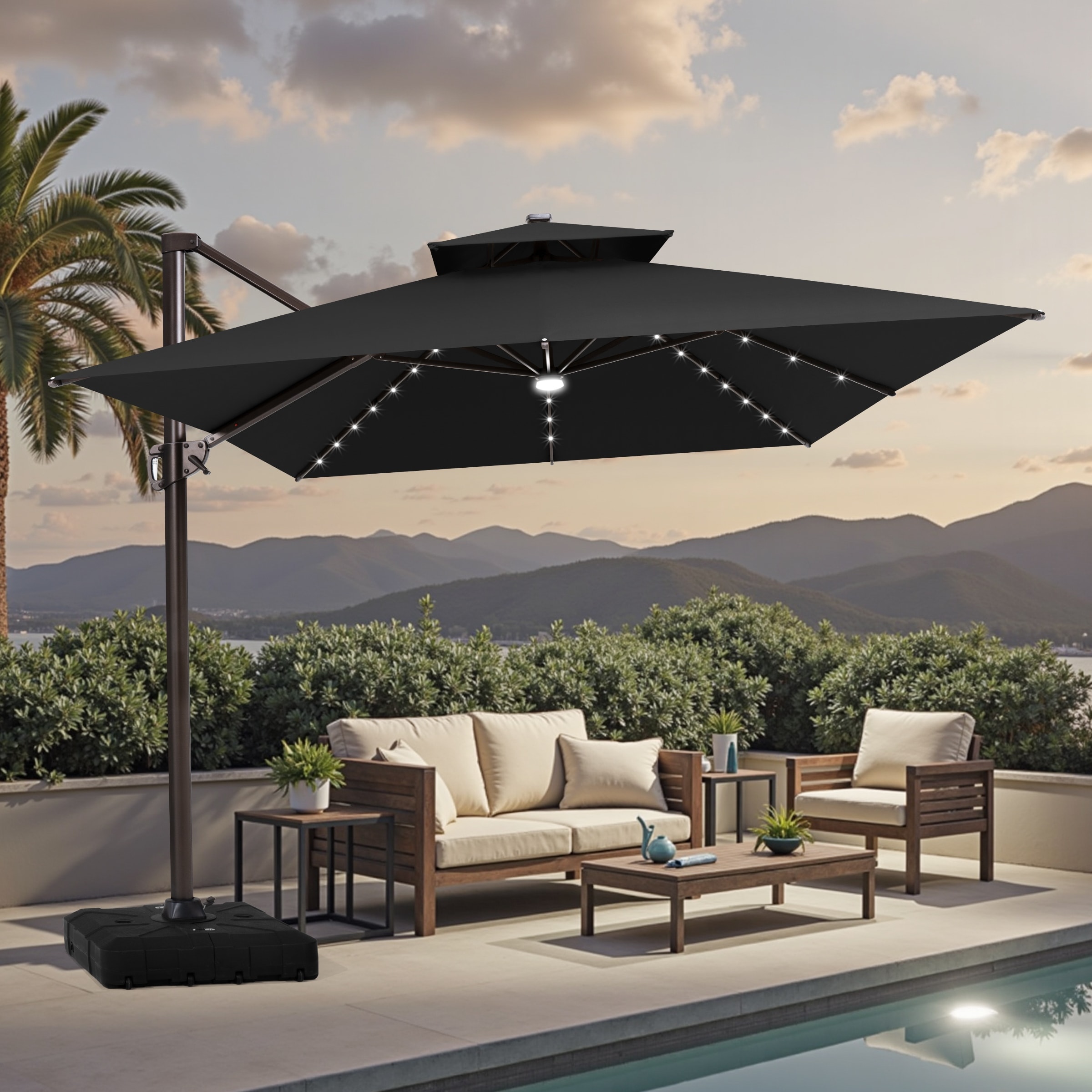 10 FT x 13 FT Outdoor Solar Powered LED Lighted Double Top Patio Cantilever Umbrella with Base Stand