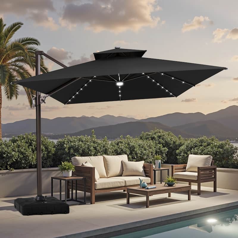 13 x 10 FT Outdoor Patio Cantilever LED Lighted Double Vented Umbrella with Base